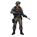 a soldier with a gun in a ready to shoot pose ,realistic .looking right 100% profil view. no outline 