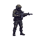 a swat with a gun in a ready to shoot pose .look realistic .looking right 100% profil camera view. no outline 