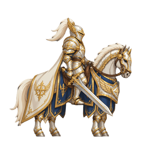 no front view only side profil view right . a knight on a horse divine armor with a sword 