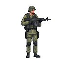 a soldier with a gun in a ready to shoot pose .look realistic .looking right 100% profil camera view. no outline 