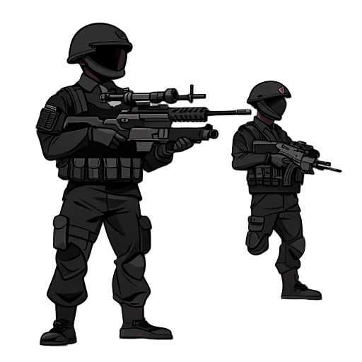 please noo front view , only side view right, a soldier with a minigun, black suit. in a ready to shoot pose . no outline no shadow 