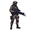 a soldier with a minigun in a ready to shoot pose ,realistic .looking right 100% profil view. no outline 