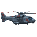 big futuristic helicopter, gray blue red.side view right. no outline