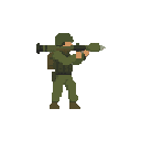 a soldier with rocket in ready to shoot pose , no front view only side view right. no outline, flat color, less detail