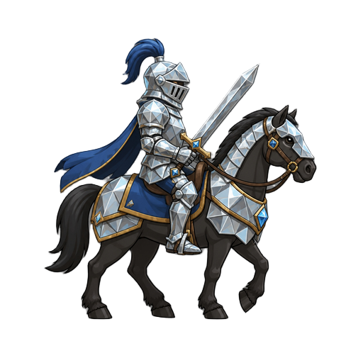no front view only side profil view right . a knight on a horse  .diamond armor ,with a sword 