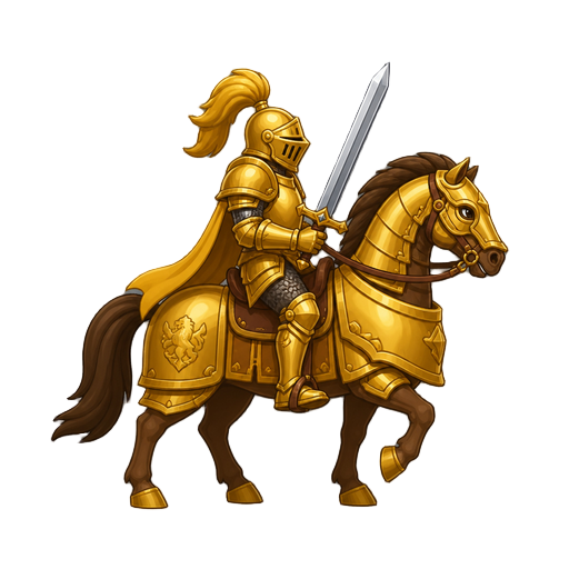 no front view only side profil view right . a knight on a horse gold armor with a sword 