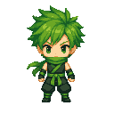 ninja extrem chibi style big head, green hair. front view. no outline 