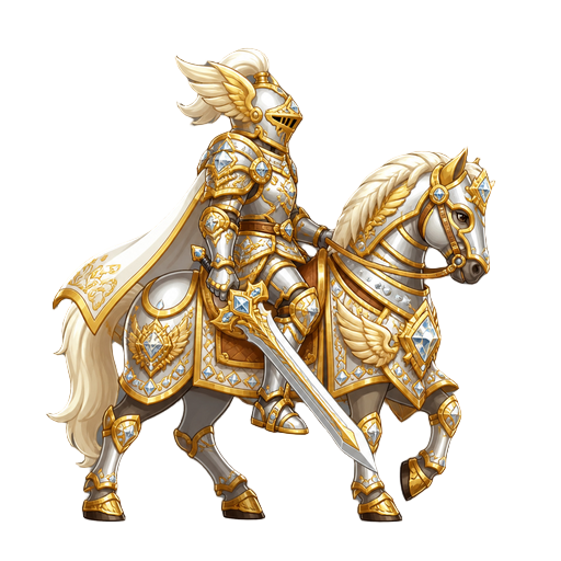 no front view only side profil view right . a knight on a horse  divine, gold and diamond armor ,with a sword 