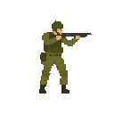 a soldier with shotgun in ready to shoot pose , no front view only side view right. no outline, flat color, no shading