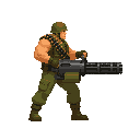 please noo front view , only side view right, a soldier with a minigun, in a ready to shoot pose . no outline no shadow 