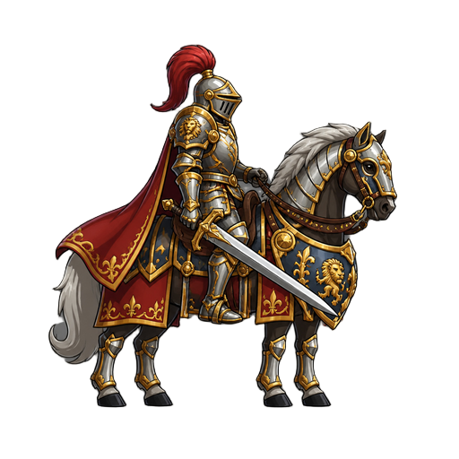 no front view only side profil view right . a knight on a horse luxurious armor with a sword 
