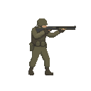 a soldier with shotgun in ready to shoot pose , no front view only side view right. no outline, flat color, less detail