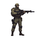 a soldier with a gun in a ready to shoot pose, side view right. full body