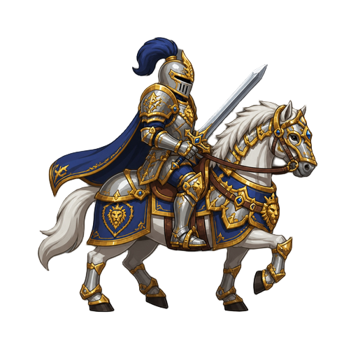 no front view only side profil view right . a knight on a horse luxurious armor with a sword 