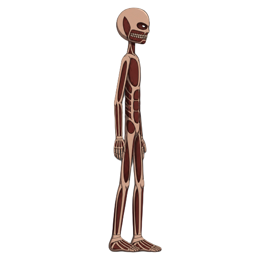 no front view, profil side view right , a stickman titan.( snk style)