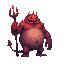 a realistic undead, fat red monster with a trident. side view . no outline