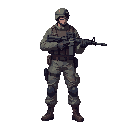 a soldier with a gun in a ready to shoot pose ,realistic .looking right 100% profil view. no outline 
