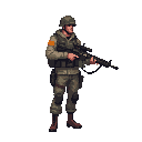 a soldier with a gun in a ready to shoot pose ,realistic .looking right 100% profil view. no outline 