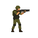 a soldier with shotgun in ready to shoot pose , no front view only side view right. no outline, flat color, less detail
