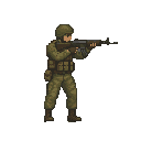 a soldier with a gun in a ready to shoot pose .look realistic .looking right 100% profil camera view. no outline 