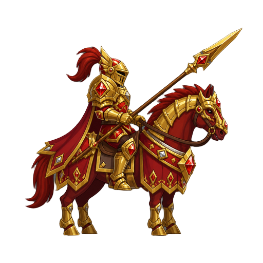 no front view only side profil view right . a knight on a horse  .red divine gold diamon armor ,with a spear 
