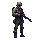 a soldier with a gun in a ready to shoot pose .look realistic .looking right 100% profil camera view. no outline 