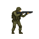a soldier with shotgun in ready to shoot pose , no front view only side view right. no outline, flat color