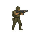 a soldier with a gun in a ready to shoot pose ,no front view only side view in right . no outline ,flat color 