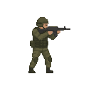 a soldier with gun in ready to shoot pose , no front view only side view right. no outline, flat color, less detail
