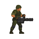 please noo front view , only side view right, a soldier with a minigun, in a ready to shoot pose . no outline no shadow 