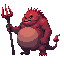 a realistic undead, fat red monster with a trident. side view . no outline