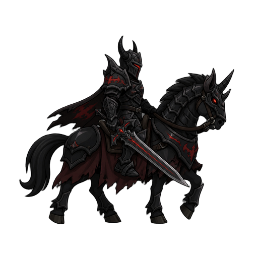 no front view only side profil view right . a knight on a horse  .dark devil armor ,with a sword 