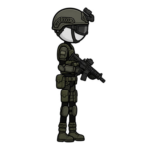 no front view, profil side view right , a stickman military armor. with a gun. black outline 