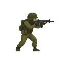 a soldier with gun in ready to shoot pose , no front view only side view right. no outline, flat color