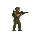 a soldier with a gun in a ready to shoot pose ,no front view only side view in right . no outline ,flat color 