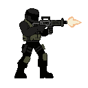 please noo front view , only side view right, a soldier with a minigun, black suit. in a ready to shoot pose . no outline no shadow 