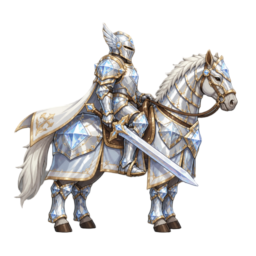 no front view only side profil view right . a knight on a horse  divine, diamond armor ,with a sword 