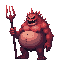 a realistic undead, fat red monster with a trident. side view . no outline