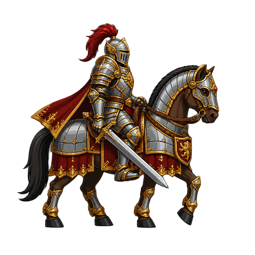 no front view only side profil view right . a knight on a horse luxurious armor with a sword 