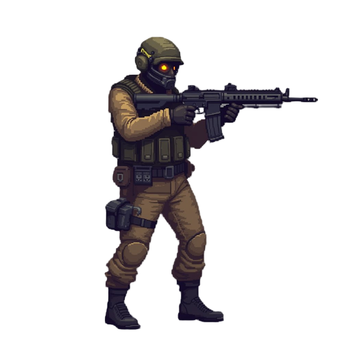 a swat with a gun in a ready to shoot pose .look realistic .looking right 100% profil camera view. no outline 