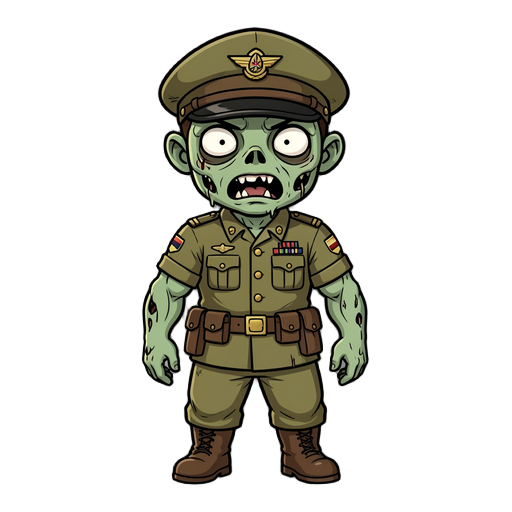chiby zombie wearing soldier uniform, has muscled body