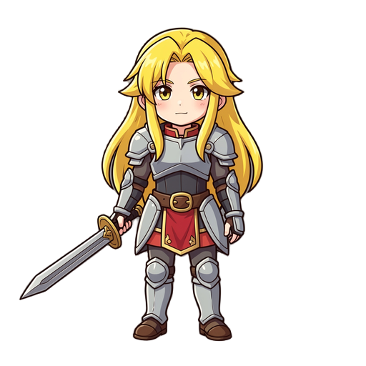 chiby boy with long yellow hair wearing armor and holding a sword