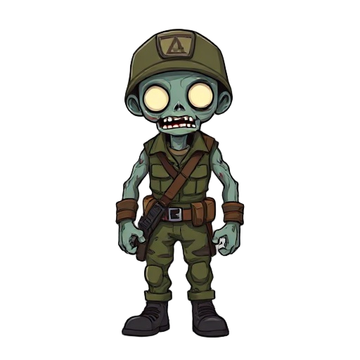 chiby zombie wearing soldier uniform, has muscled body