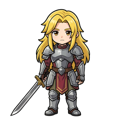 chiby masculin boy with long yellow hair wearing armor and holding a sword