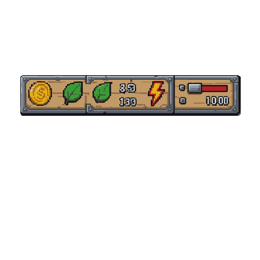 a horizontal 2d pixel art top navigation bar for a retro video game. the hud bar is made of rustic light-brown wood with an iron border. it features spaced-out icons for resources: a gold coin, a green leaf, and an energy lightning bolt, each with numbers in a classic game font. clean 16-bit aesthet