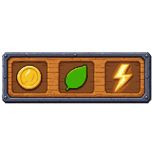 a horizontal 2d pixel art top navigation bar for a retro video game. the hud bar is made of rustic light-brown wood with an iron border. it features spaced-out icons for resources: a gold coin, a green leaf, and an energy lightning bolt, each with numbers in a classic game font. clean 16-bit aesthet