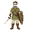 a swordsman wearing olive clothes with a brown stripe crossing his chest; beige pants and brown boots. he has a dark blonde hair and beard and wear glasses. white skin, green eyes. left hand sword, right hand shield.
