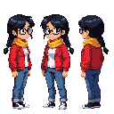 create a pixel-art female character in a retro 2d adventure game style. she has short black hair tied into two back braids, wears round glasses, a bright red jacket, a yellow scarf, blue jeans, and black shoes. her white shirt is tucked in neatly. 