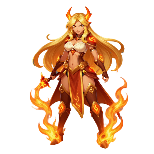 create a highly detailed mage character for a fantasy rpg game. she is a powerful fire sorceress with long flowing blonde hair and a confident, fierce expression. her outfit is minimal but stylized, decorated with fire-themed ornaments, glowing runes, and