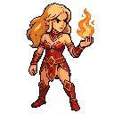 illustration of a powerful fire mage with long blonde hair. she should wear light, revealing clothing designed for agility, decorated with fire-themed ornaments, intricate patterns, and subtle red-gold accents. the character must have a confident and fier